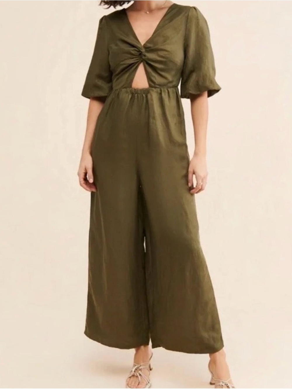 Twist-Front Olive Wide-Leg Jumpsuit